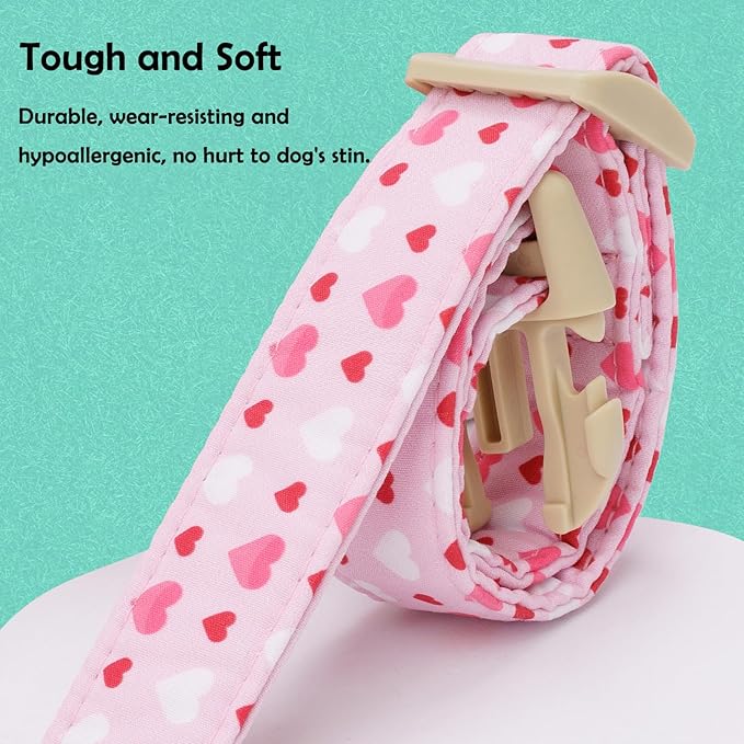 Faygarsle Valentine's Day Dog Collar, Pink with Red and White Hearts Pattern, Adjustable with Quick-Release Buckle and Heart Charm L