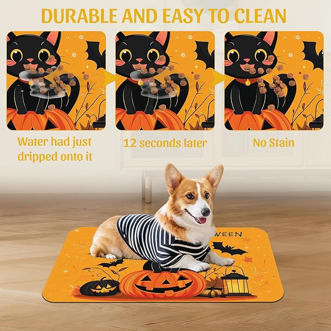 Halloween Cat Pet Feeding Mat, Absorbent Dog Bowl Pad, Quick Dry with Anti-Skid Bottom, Indoor Pet Accessories – 12x20 Inch