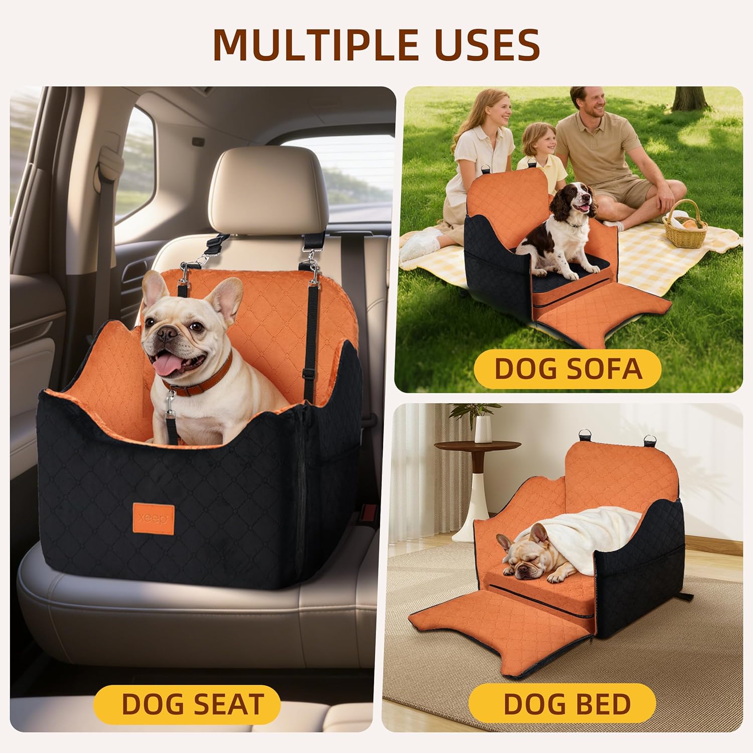 XEEP Dog Car Seat Booster Seat with Blanket & Pee Pad for Small Pet Travel | 35lbs Max Load, High Density Memory Foam Dog Bed for Car, 5 Inch Elevated View, Adjustable Dog Seat Belt for Car, Washable