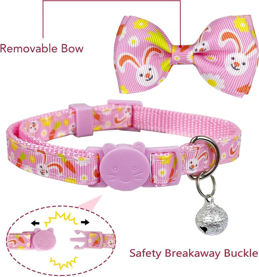 Easter Cat Collar with Bow Tie, Holiday 2 Pack Kitty Kitten Cute Bunny Carrot Collar for Girls and Boys (Hoppy Hour/Pink)