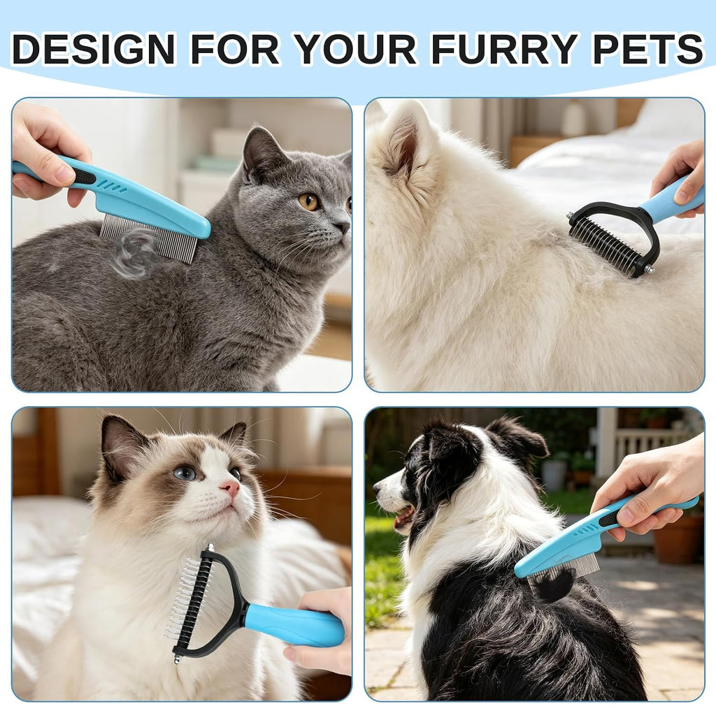 Pet Grooming Combo and Flea Comb, Flea and Tick Combs for Dogs and Cats, Deshedding Brush with Metal Comb for Detangling and Dematting Long, Matted Fur on Cats and Dogs(2pcs)