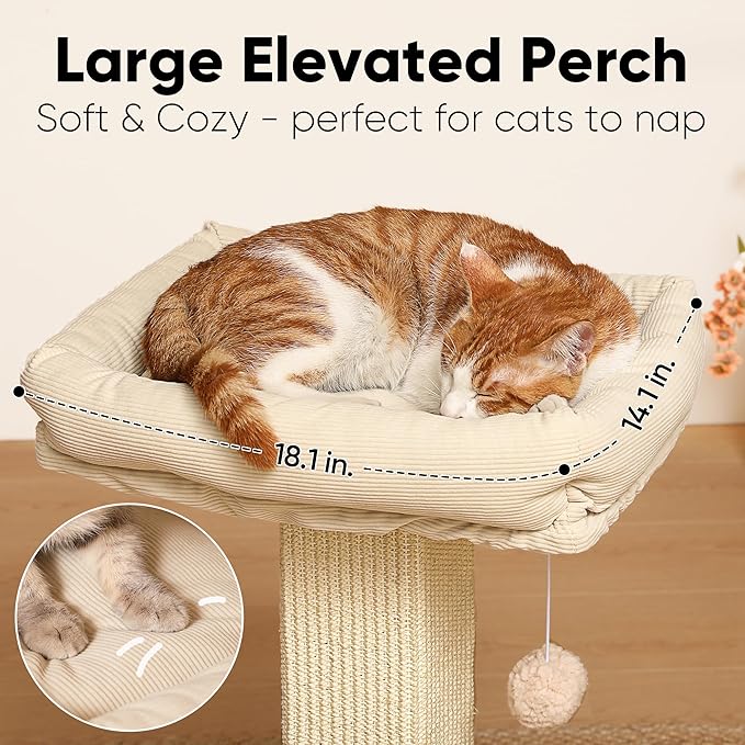 FUKUMARU Cat Scratching Post, Modern Style Tall Scratch Posts with Perch for Infoor Cats Adults, Large Cat Scratcher Tower with Bed, Small Tree with Raised Stand, Natural Sisal & Solid Wood