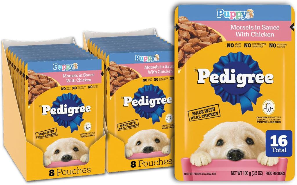 Pedigree Puppy Morsels Wet Dog Food Pouch, Chicken, 3.5 oz, 16 Count | Steam cooked, high quality animal protein, DHA brain support, calcium for teeth & bones, topper or complete meal