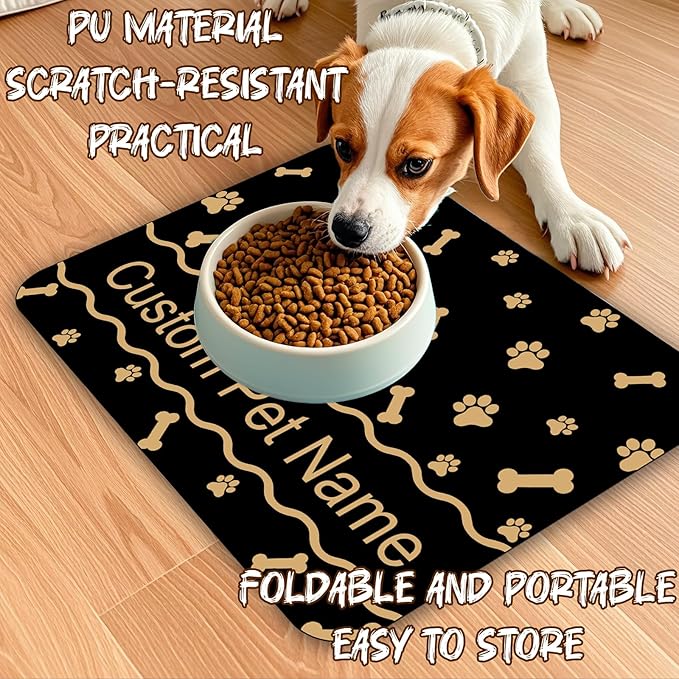 Personalized Dog Cat Food Mat Waterproof Non Slip Pet Bowl Name Mat Absorbent Quick Dry Custom Feeding Mat for Floors Dog Cat Grid