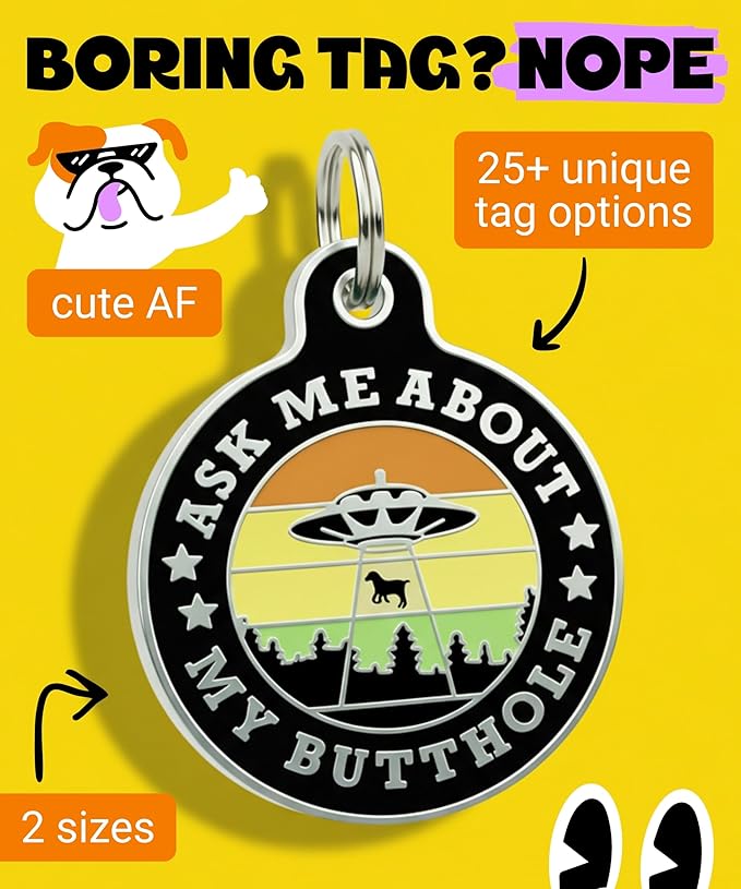 Bad Tags Personalized Dog and Cat ID Tags in 25+ Designs and 2 Sizes - 5 Lines of Custom Engraved Text - Funny Cute Personalized Pet Tags (Ask Me About My Butthole - Black, Large (1.25 inch))