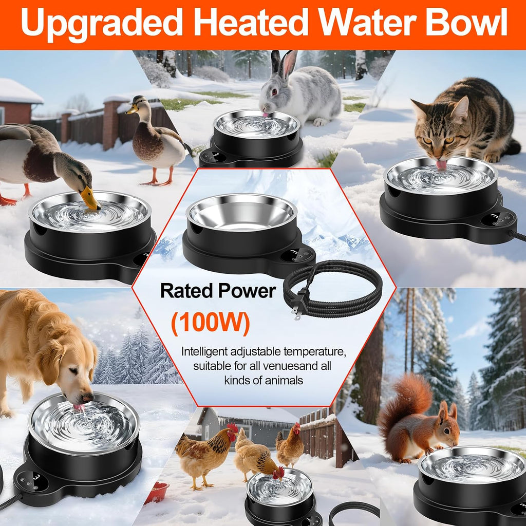 Heated Water Bowl for Dog Cat,Outdoor Heated Pet Bowl Food Bowl with 3 Temperature Settings & 12H Timer,50 oz Removable Stainless Steel Bowl,79" Anti-Chew Cord,for Dogs Cats Chickens Ducks Birds