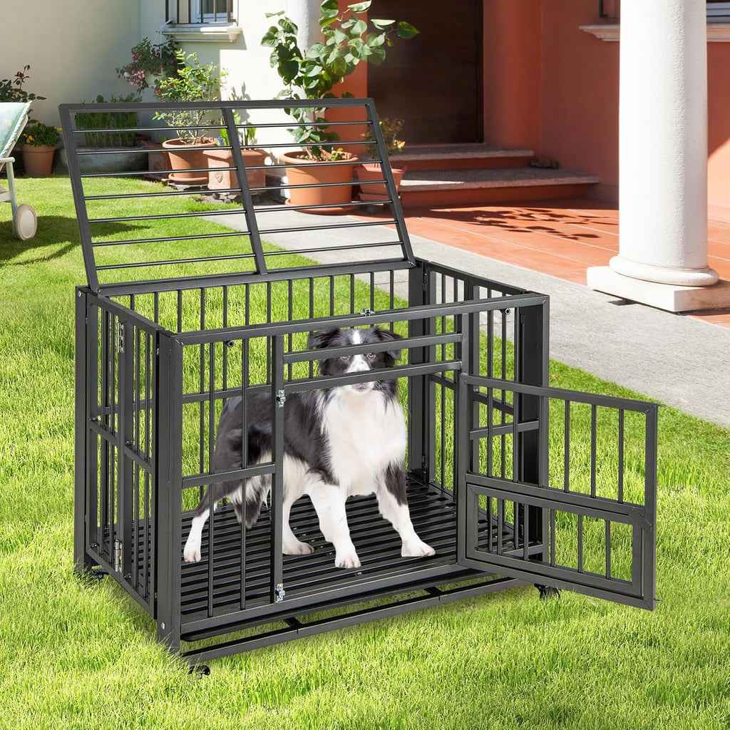 Tangkula Foldable Dog Crate, 3-Door Heavy Duty Dog Kennel with Removable Crate Tray, 4 Smooth Wheels, Indestructible Dog Crate for Indoor and Outdoor, Kennel Cage for Medium and Large Dogs