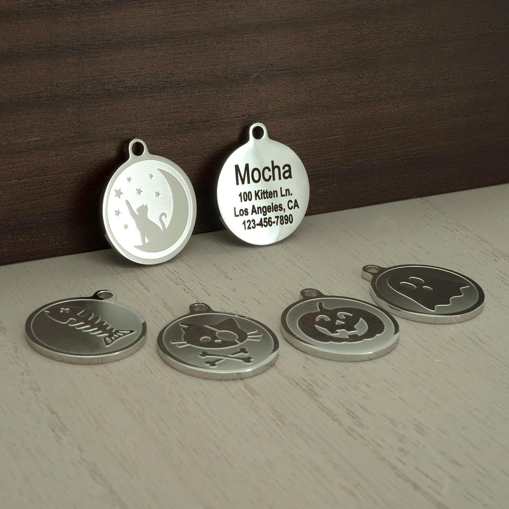Engraved Cat Name Tags Personalized - Stainless Steel Name Tag Pet Identification - Small Dog ID Tags Personalized for up to 4 Lines of Text - Pet ID Tags for Cat Collar - Ghost