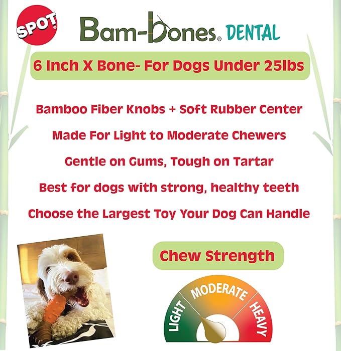 SPOT Bam-Bones Dental X-Bone - Made with Bamboo Fiber and a Massaging Rubber Center, Durable Oral Care Dog Chew for Light Chewers & Teething Puppies under 25lbs, 6in Allergen Free Peanut Butter Flavor