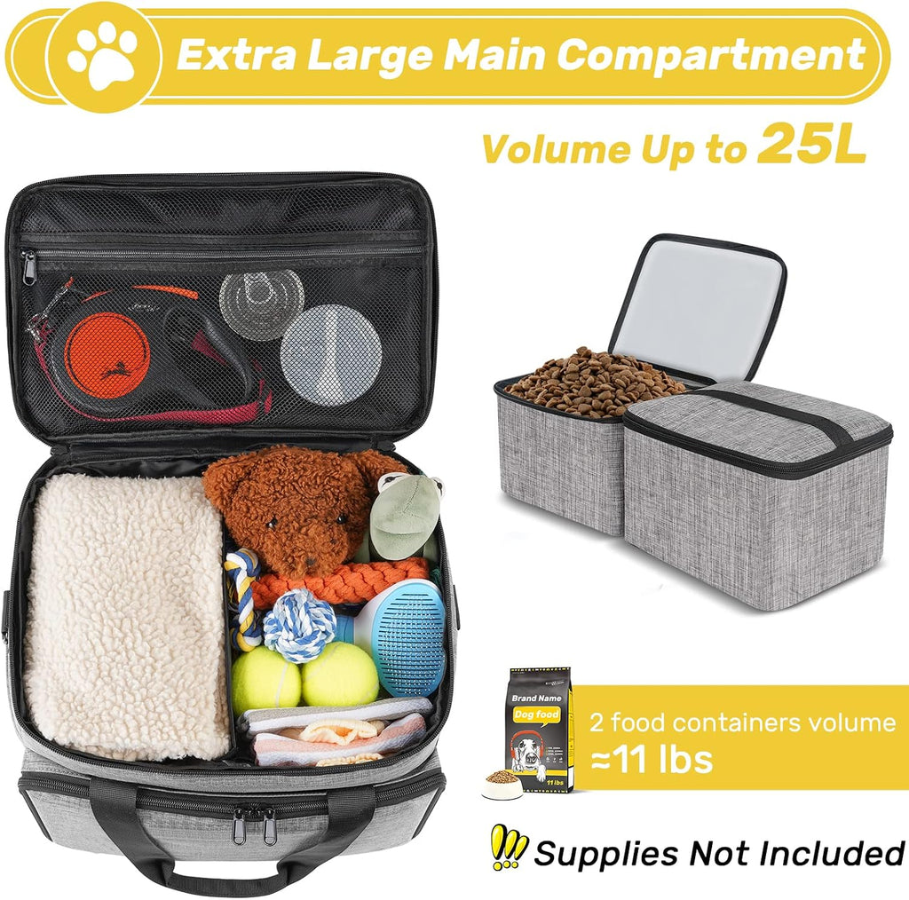 6 Set Dog Travel Bag, Large Pet Travel Kit for Supplies, Grey | Includes 2 Food Containers, 1 Pet Organizer for Dogs, 2 Collapsible Bowls, 1 Treat Pouch, Dog Weekend Overnight Bag Luggage