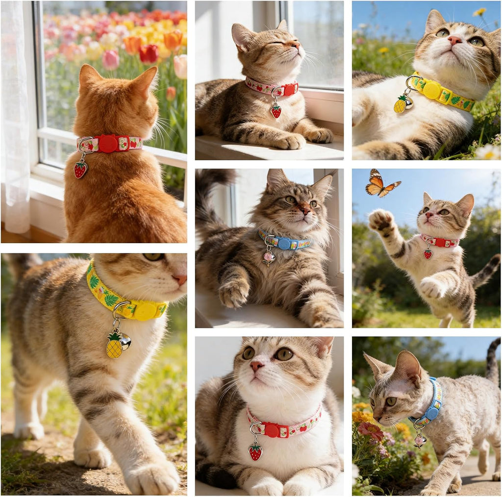 Flower Cat Collar Breakaway with Bells 3 Pack, Adjustable Soft Cute Cat Collars with Fruit Pendant for Spring Summer, Safe Floral Kitten Collar for Girl Boy Cats Pet Decoration Accessories
