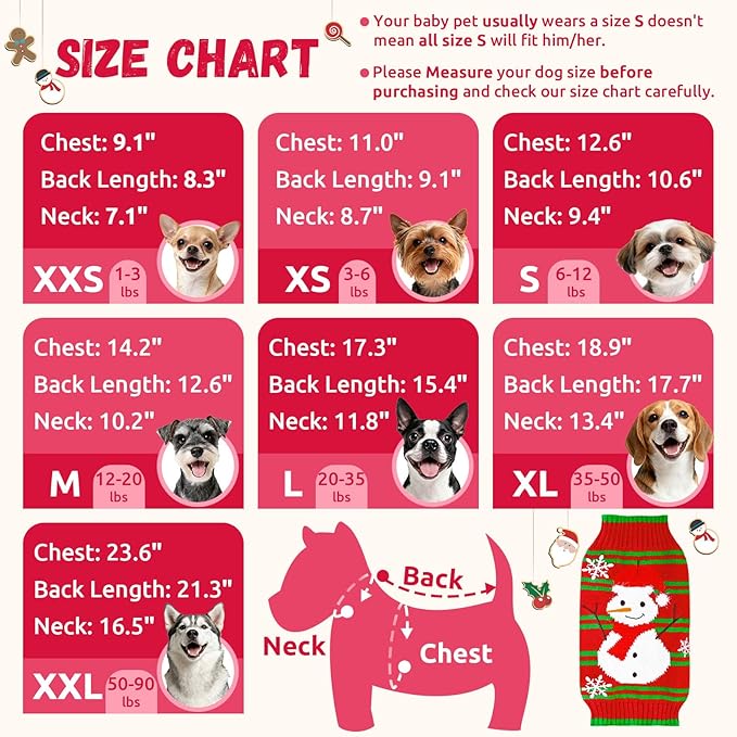 Dog Christmas Sweater Cute Snowman Puppy Cat Costume Boy Girls Xmas Holiday Pet Clothes New Year Outfits Gifts for Small Medium Large Dogs (M, Red Green Stripe Snowman)