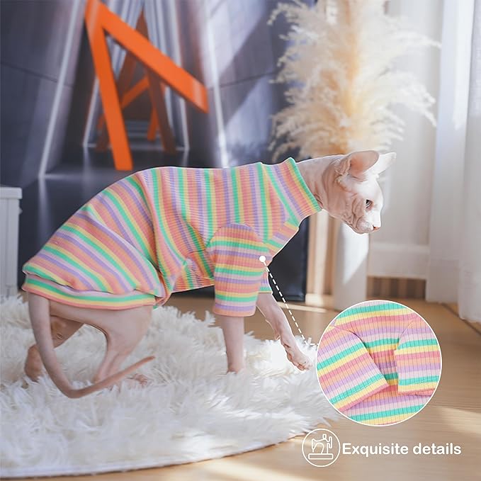 PUMYPOREITY Sphynx Cat Clothes: Soft, Stretchy Rainbow Sweater & Turtleneck Pullover Jumpsuit - XL