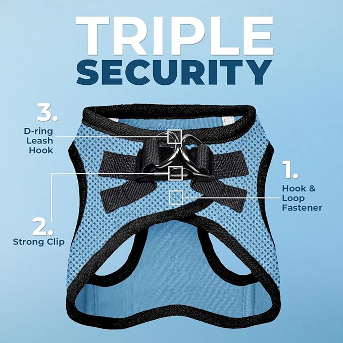 Best Pet Supplies - All Weather Mesh / Plush, Reflective, No Pull Harness for Small, Medium Dogs, Cats - Secure with Hook & Loop Fastener, Buckle, Double D-Rings - Baby Blue/Black Trim, XL