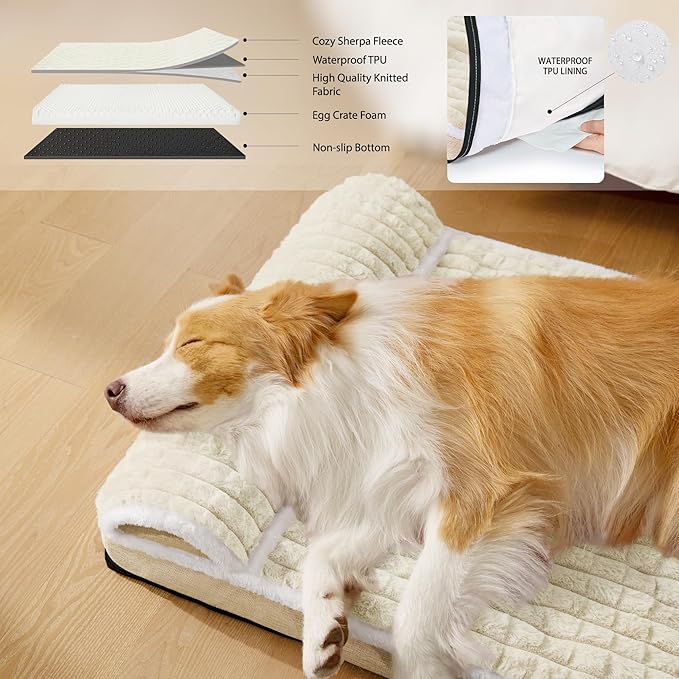 Orthopedic XL Dog Bed Large Sized Dog with Pillow 42''X28'', Waterproof Soft Comfortable Egg Crate Foam Pet Crate Beds Mat with Removable Washable Cover and Non-Slip Bottom, Cream