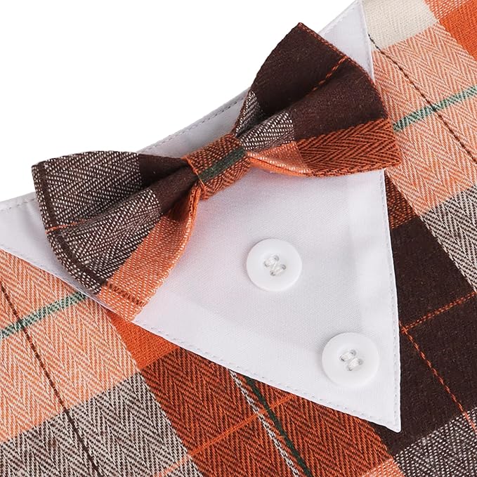 ADOGGYGO Fall Dog Tuxedo Bandana, Orange Plaid Pet Fall Collar with Bowtie, Adjustable Halloween Thanksgiving Costume for Extra Large Dogs (XL)