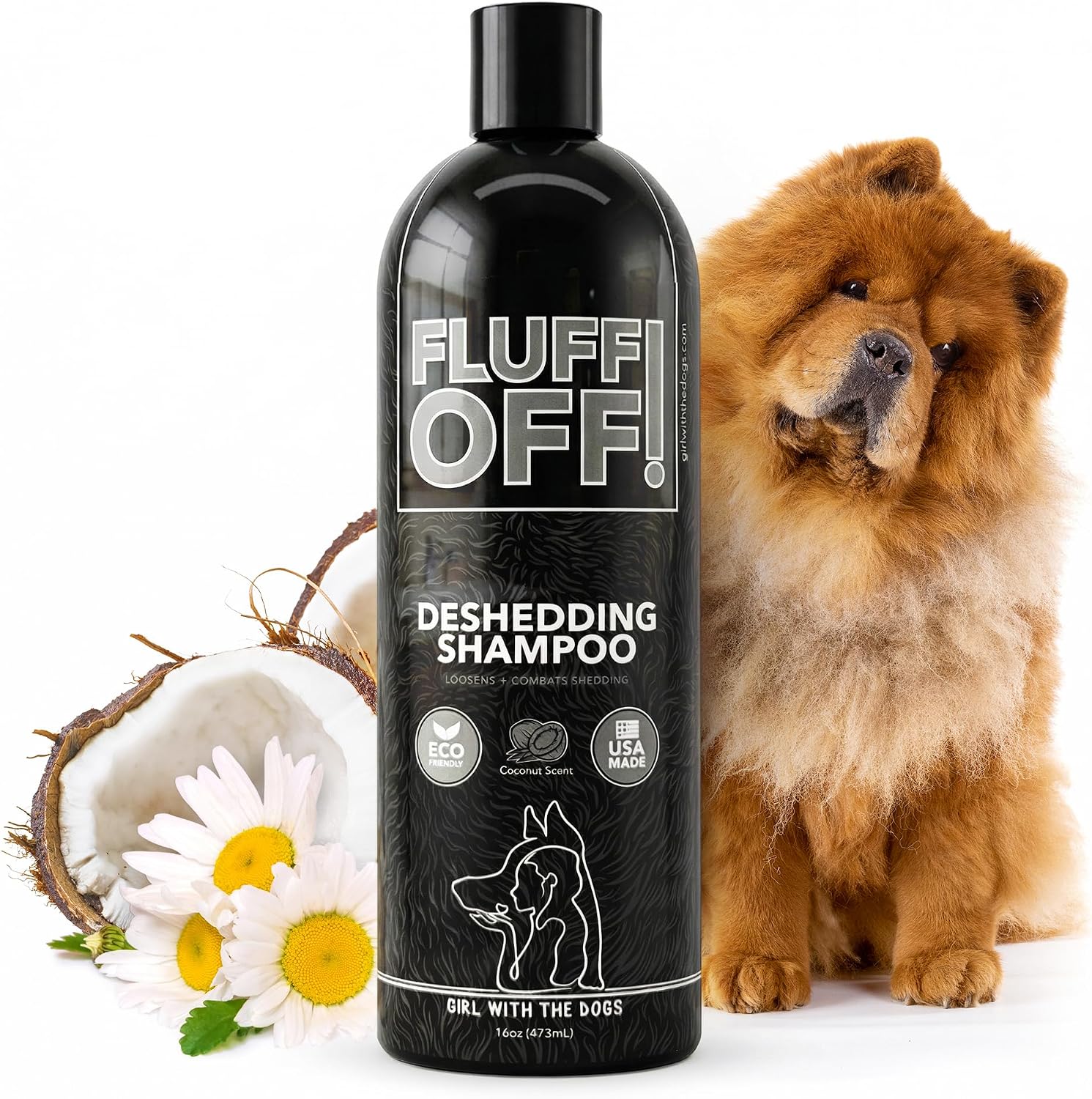 Fluff Off! by Girl With The Dogs, Natural Deshedding Dog & Cat Shampoo, 16 Oz, Made in USA, 8 Wks+
