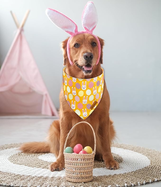 Easter Dog Bandanas with Snap Button, 2 Pack Reversible Spring Bandana for Boy & Girl, Premium Durable Fabric, Bunny and Egg Dog Scarf for Medium and Large Dogs (Large)