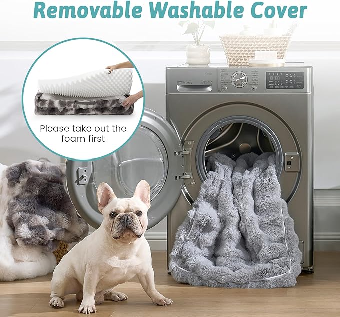 Self Warming Dog Bed for Large Size Dog, Faux Fur Orthopedic Puppy Sofa with Washable Removable Cover, Bolster Orthopedic Foam Bed for Pet Up to 100 lbs, XL 44x32x7 inch, Tie Dye Grey