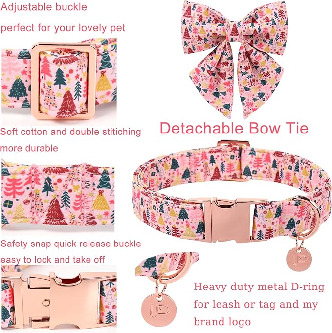 Christmas Dog Collar with Bow Tie, Pink Christmas Tree Collars for Dogs, Adjustable Pet Collar with Cute Xmas Tree Pendant, Winter Dog Accessories for Small Medium Large Dogs XL