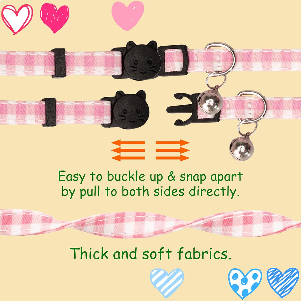 Cat Collar 4pcs Set Safety Breakaway with Bell Kitten 7-11" Multi Pack Cute Girl Boy Pet Basic Adjustable [4pcs] Plaid