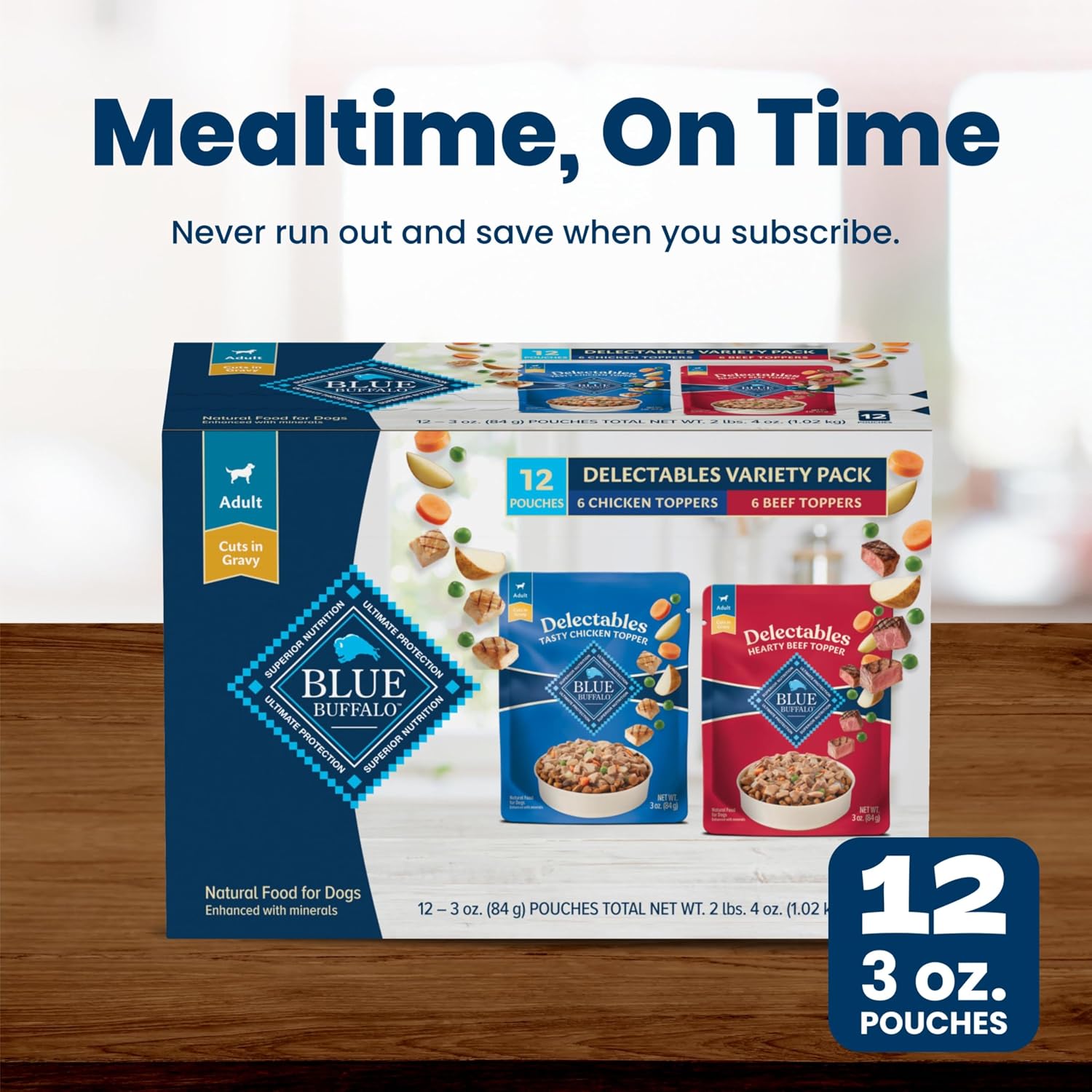Blue Buffalo Delectables Variety Pack Dog Food Topper, 3 oz, 12 ct | Grain-Free, Chicken & Beef Recipes, Real Meat Cuts in Gravy, Single-Serve Pouches