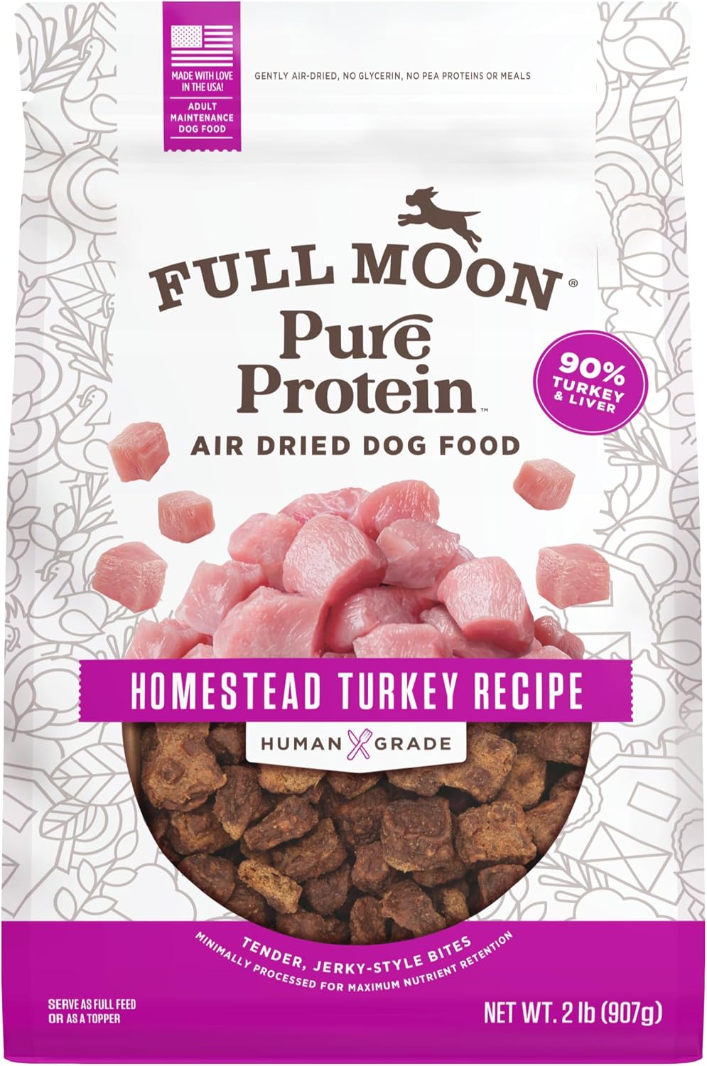 Full Moon® Pure Protein Air Dried Dog Food Homestead Turkey Recipe 2lb | Human Grade, Protein-rich, Jerky-like texture, Shelf-stable, 90% meat