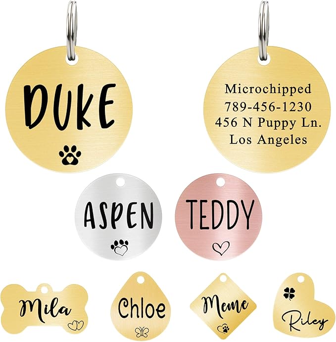 Ultra Joys Dog ID Tag, Custom Dog Tag Personalized Cat Tag, Pet ID Tag, Brushed Stainless Steel Brushed Stainless Steel Round Dog Tag Gold Large