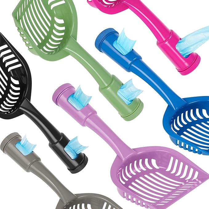 2-in-1 Pooper Scooper with Bag Attachment, Cat Litter Shovel Scoop with Bag, Built-in Dispenser, Includes Trash Roll, Rinse-Clean, Anti-Stick, Smart Sifter, Long Handle (Hot Pink)
