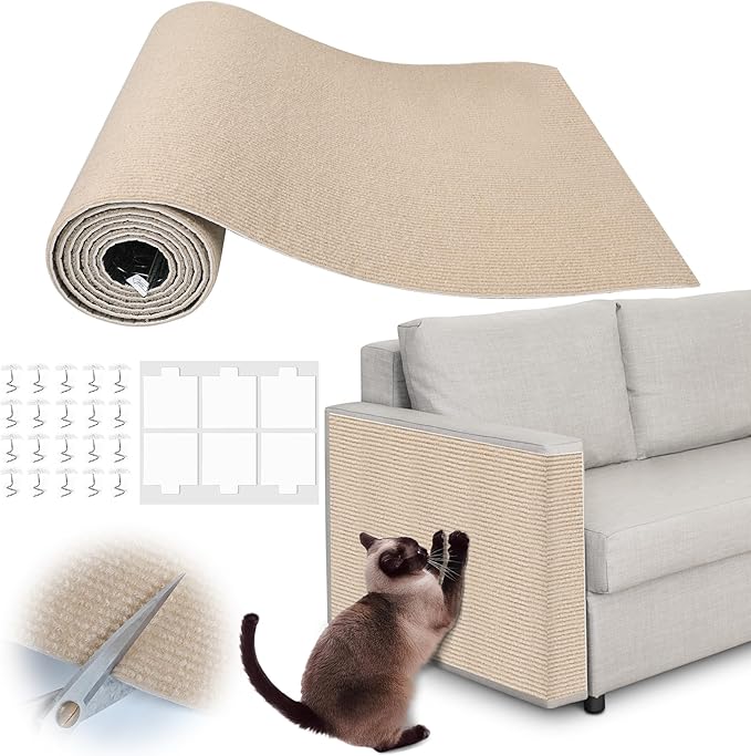 Cat Scratching Pad - 78.7" x 15.8" Trimmable Self-Adhesive Cats Claws Scratch Furniture Protector, DIY Cat Climbing Couch Protector for Scratch Post Cat Tree Replacement Indoor (Khaki)