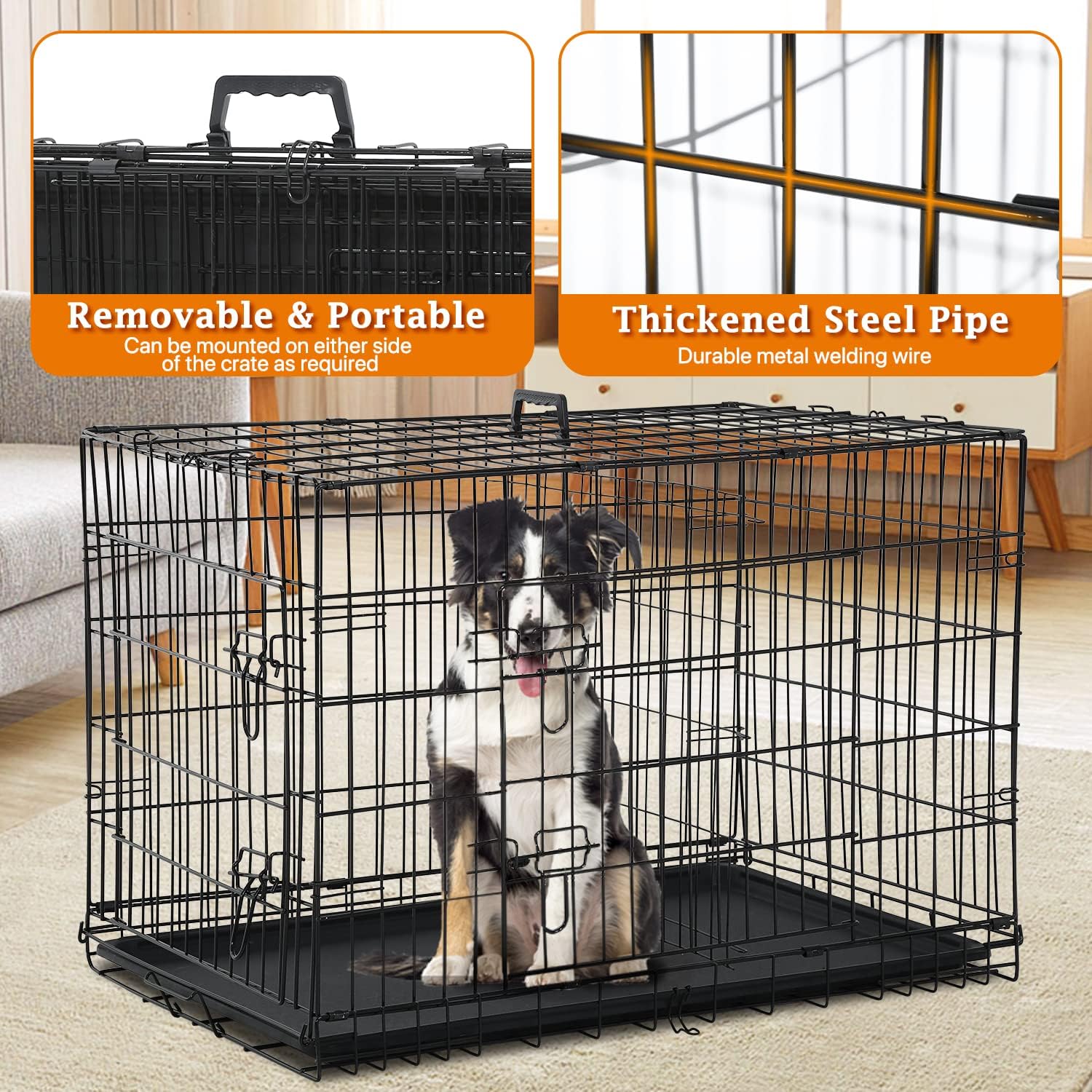 48 Inch Large Dog Crate Dog Kennel Cage Metal Wire Crates Pet Cages Double-Door Foldable Kennels with Handle and Plastic Tray Indoor&Outdoor,Black XXL