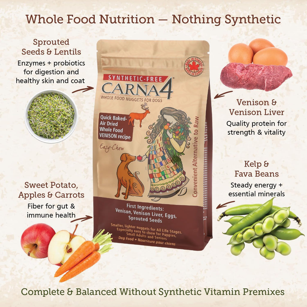 CARNA4 Air Dried Dog Food, Venison Recipe, 5 Pound | Pastured New Zealand Venison & Sprouted Seeds, Quick-Baked & Never Extruded, Easy-Chew, No Synthetic Vitamins or Minerals