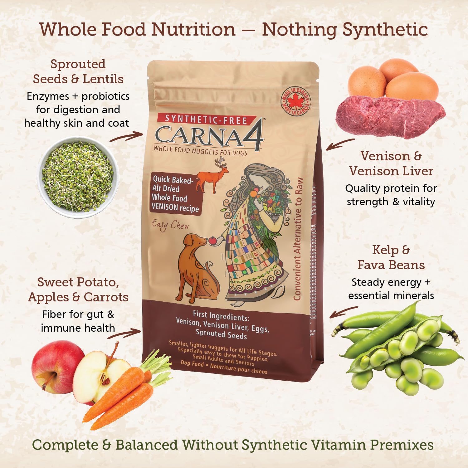 CARNA4 Air Dried Dog Food, Venison Recipe, 5 Pound | Pastured New Zealand Venison & Sprouted Seeds, Quick-Baked & Never Extruded, Easy-Chew, No Synthetic Vitamins or Minerals