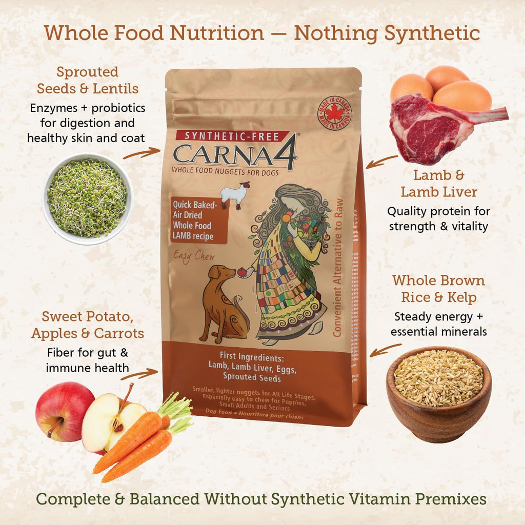 CARNA4 Air Dried Dog Food, Lamb Recipe, 2.2 Pound | Pastured Lamb, Liver & Sprouted Seeds, Quick-Baked & Never Extruded, Easy-Chew, No Synthetic Vitamins or Minerals