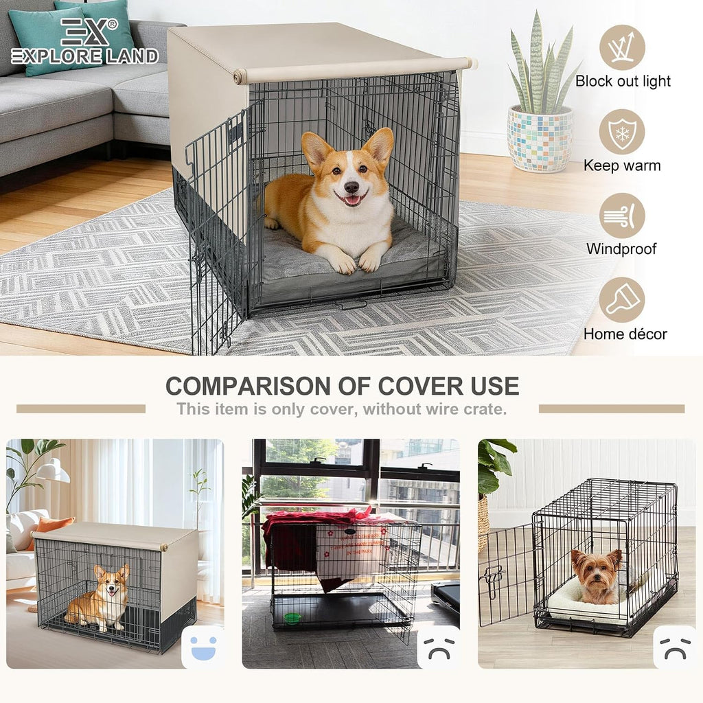 Explore Land Breathable Dog Crate Cover - 4 Sides Mesh Ventilation, Basic Pet Kennel Cover, All Sides Open, Universal Fit for 1 2 3 Doors 24 inches Wire Dog Crate （Tan）
