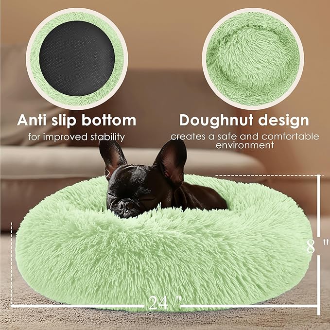 Dogs Bed for Small Dogs, Anti-Anxiety Washable Round Bed (Green, 24.0" L x 24.0" W x 8.0" Th)