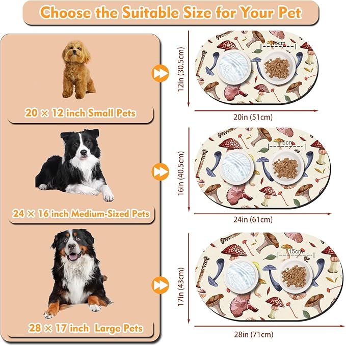 Large Pet Feeding Mat – 28''x17'' Absorbent Dog Mat for Food and Water, Easy Clean Cat Dog Water Bowl Mat, Non-Slip Pet Water Mat Protect Floor, Fit with Automatic Feeders and Double-Bowl, Mushroom