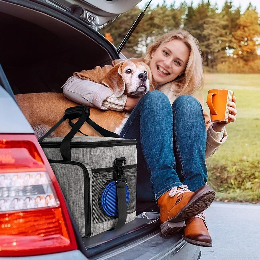 6 Set Dog Travel Bag, Large Pet Travel Kit for Supplies, Grey | Includes 2 Food Containers, 1 Pet Organizer for Dogs, 2 Collapsible Bowls, 1 Treat Pouch, Dog Weekend Overnight Bag Luggage