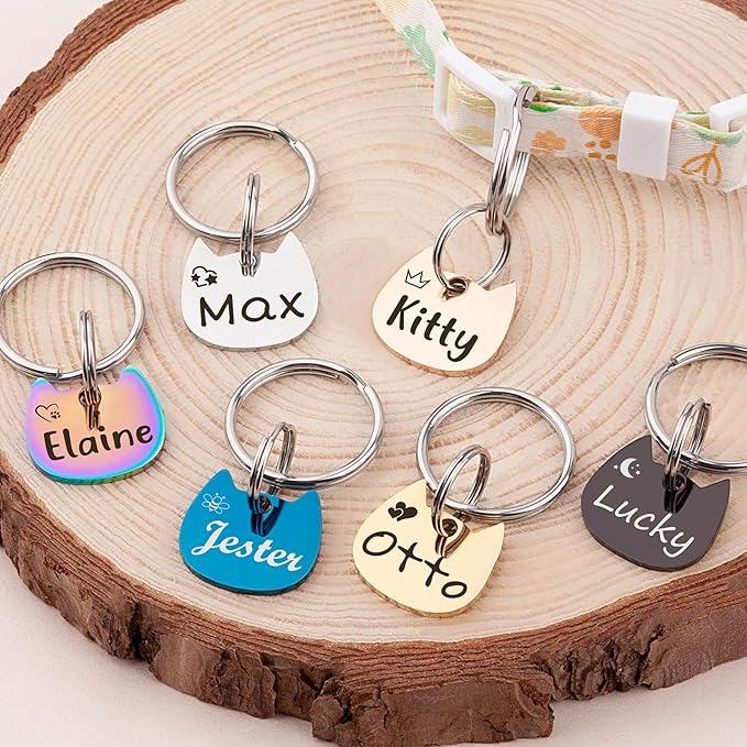 Anavia Small Size Dog Cat ID Tags, Small/XS Personalized Color Plated Stainless Steel Puppy Kitten Name Tags, Customized Engraved Nameplate Pet Collar Tag (Purple, Cat Head)