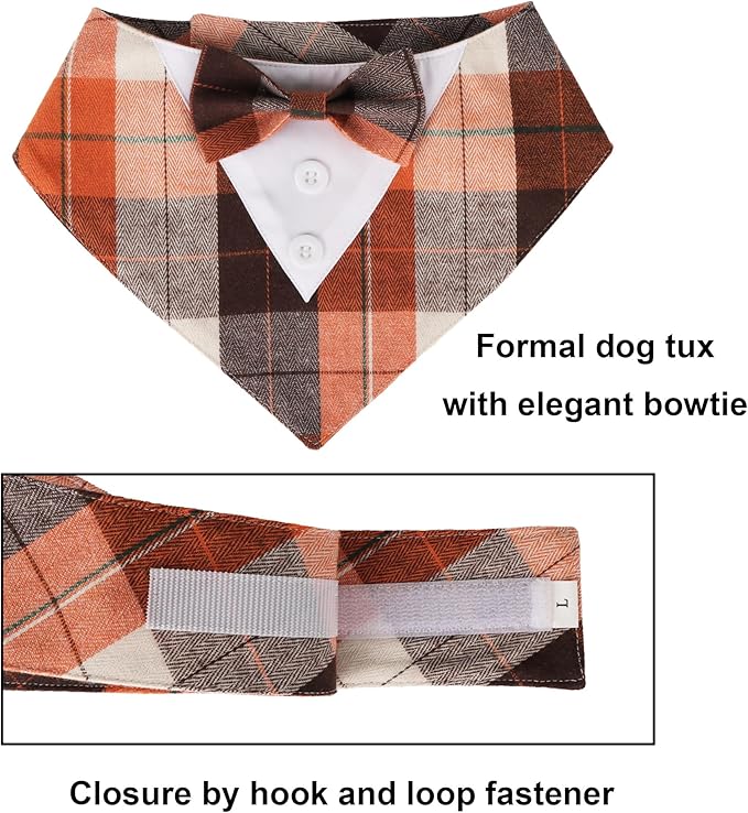 ADOGGYGO Fall Dog Tuxedo Bandana, Orange Plaid Pet Fall Collar with Bowtie, Adjustable Halloween Thanksgiving Costume for Extra Large Dogs (XL)