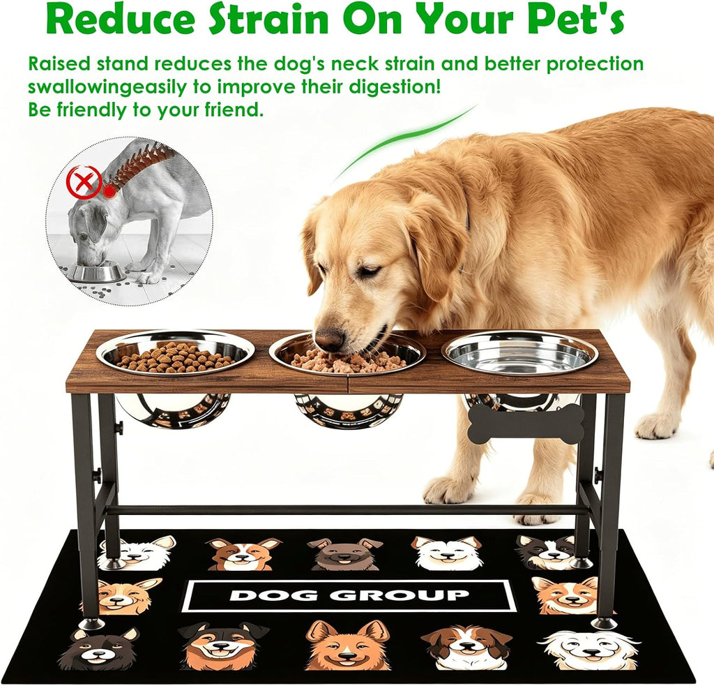 SHAINFUN Adjustable Height Elevated Dog Bowl Stand – Wooden Raised Dog Bowls with Three 58oz Stainless Steel Bowls & Mat for Small to Large Dog Breeds