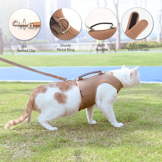 Kitty Harness and Leash for Walking Escape Proof Breathable Mesh Fabric, Solid Brown, Small, Adjustable Cat Walking Jackets with Handle, Padded Stylish Cat Vest