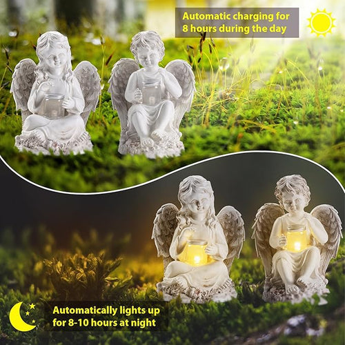 2 Pack Outdoor Angel Statue Garden Decor, Classic Solar Angel Figurine Decoration for Yard Art Indoor Porch Home Lawn Outside Light up Cherub Sculpture Guardian Wings Angel Memorial Gifts Christmas