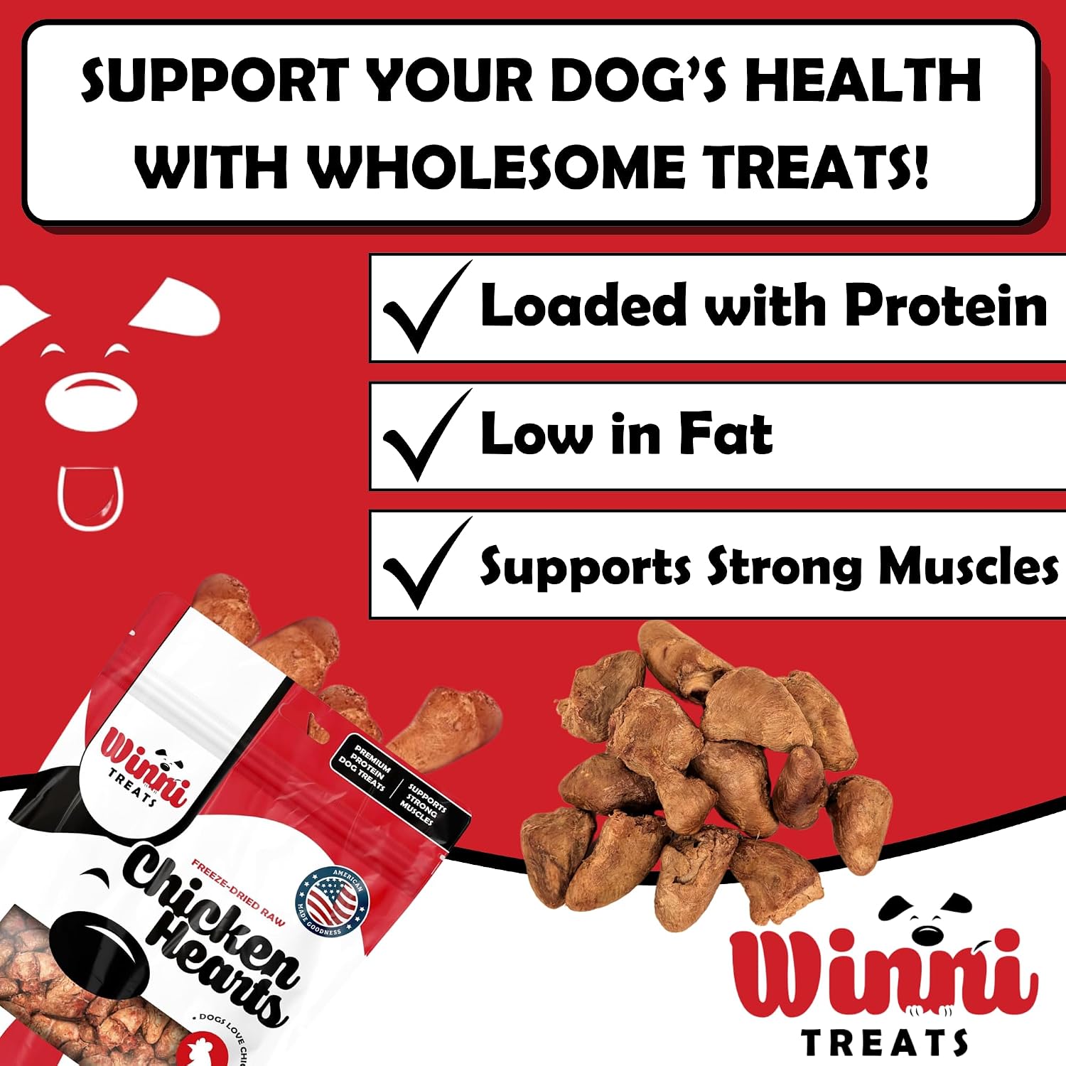 Winni Treats Freeze Dried Chicken Hearts for Dogs - Single Ingredient, Preservative-Free, Premium Chicken Hearts, High in Protein for Strong Muscles, Low in Fat, Healthy Dog Treats (3.75 Ounces)