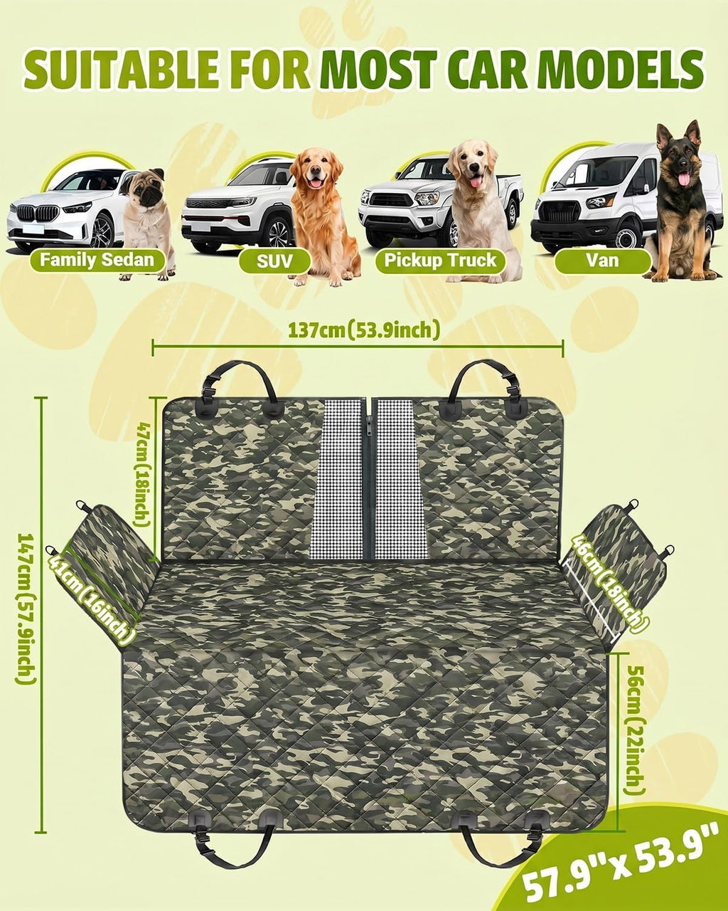 Dog Car Seat Cover, 600D Heavy Dute Car Seat Cover for Dogs Pets, 100% Waterproof Anti-Scratch Nonslip Dog Hammock for Cars, Seat Covers Protector with SeatBelt for Sedan SUV Truck Standard Camo