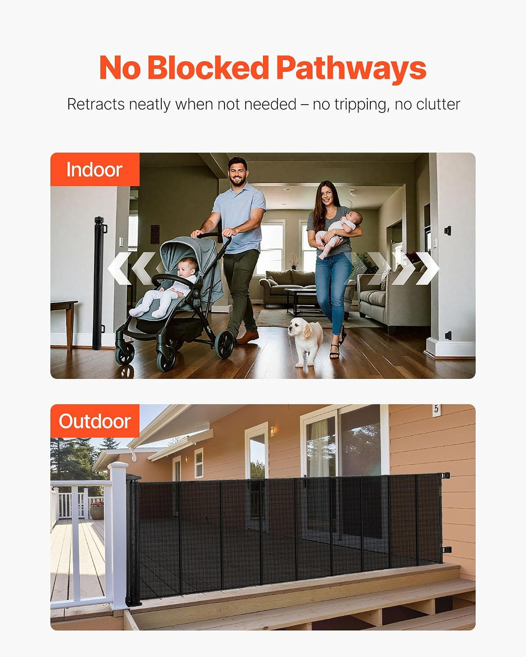 VEVOR Retractable Baby Gate, Extends to 202.7 inch Extra Wide, 39 inch Tall, with Reinforced Fiberglass Strips, Avoids Crawling Through, Mesh Dog Gate for Decks, Doorways, Garages, Indoor, Black