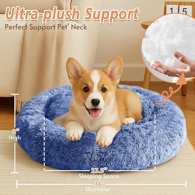 JOLLYVOGUE Calming Dog Bed Large Size Dog, Anti-Anxiety Donut Large Pet Bed, 36 inches Fluffy Faux Fur Round Cat Bed, Fits up to 75 lbs Pets (Navy Blue)