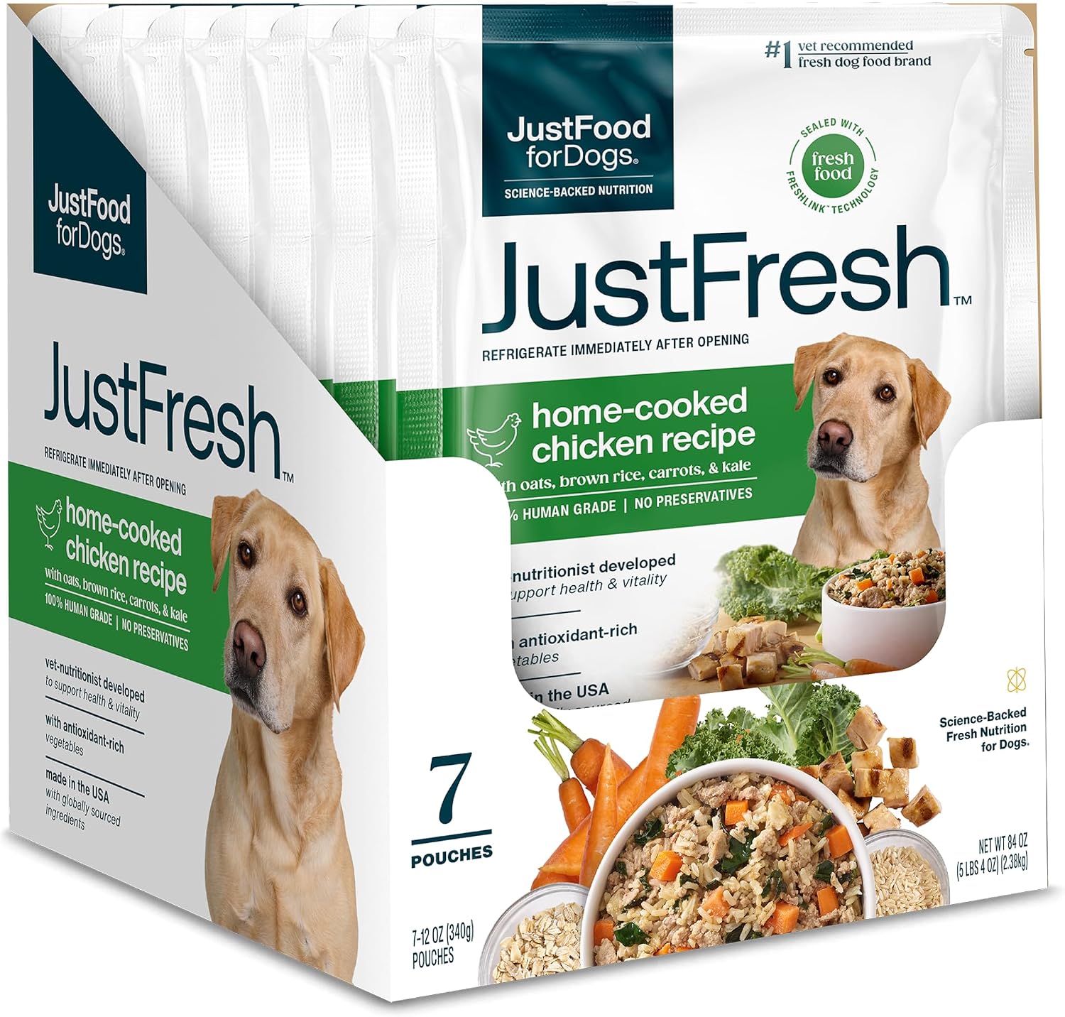 JustFoodForDogs JustFresh Fresh Wet Dog Food or Topper - Chicken, 7 Pack | Fresh Pet Meals and Dog Toppers with No Preservatives, Resealable Package, Human Grade, Home-Cooked Chicken, 12 Oz Pouches