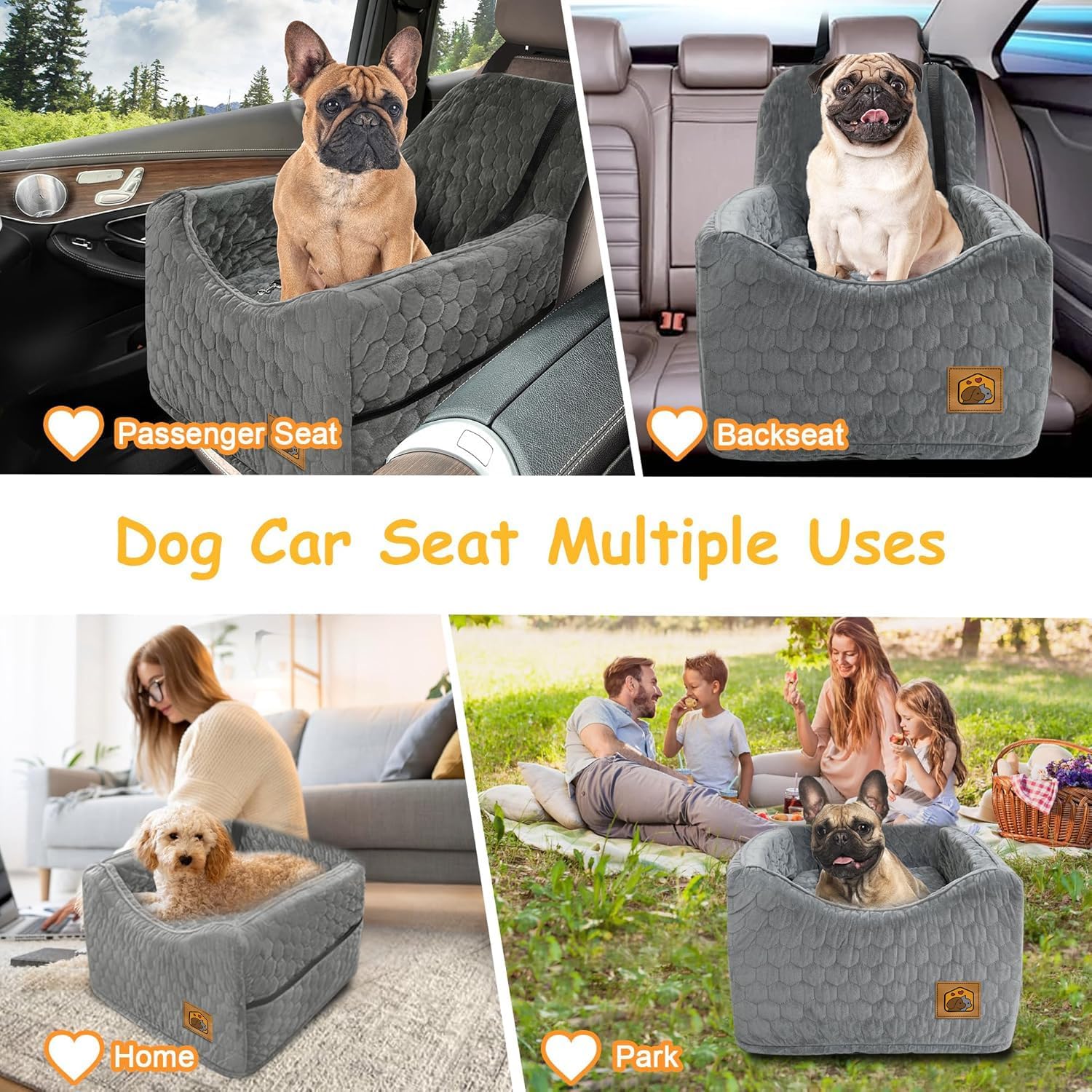 Dog Car Seat for Small/Medium Dogs, Memory Foam Dog Booster Seat, Travel Safety Per Car Seat with Washable Removable Cover, Storage Pockets for Dogs up to 35 lbs(Gray)