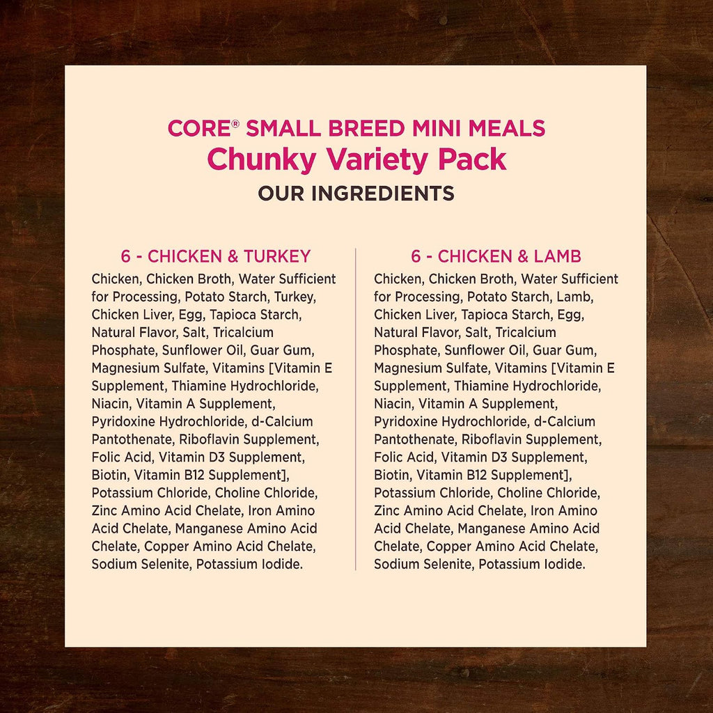 Wellness CORE Small Breed Mini Meals Shredded Variety Pack Adult Wet Dog Food, Grain Free, Natural, 3 oz, Pack of 12